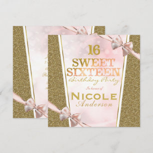 Pink Gold Glitter Glam Sweet 16 Schleifen Geburtst Einladung
