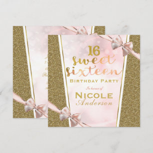 Pink Gold Glitter Glam Sweet 16 Schleifen Geburtst Einladung