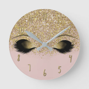Pink & Gold Glitter Moderne Trendige Glam Wimpern Runde Wanduhr