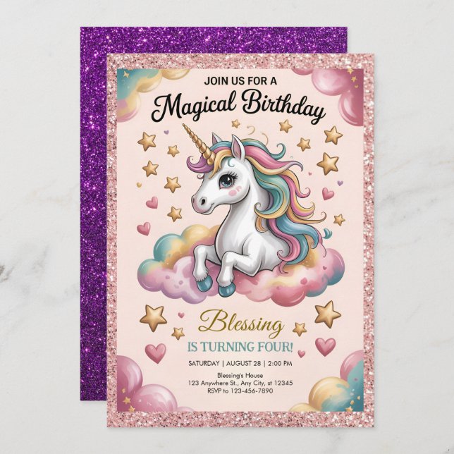 Pink & Gold Glitter Party Einladung (Vorne/Hinten)