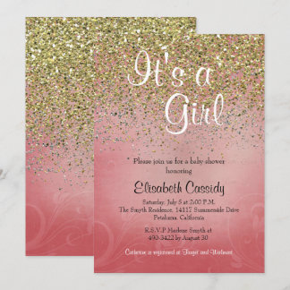 Pink & Gold Glitter Streusel Einladung zur Babypar