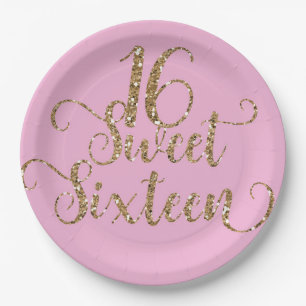 Pink & Gold Glitter Sweet 16 Geburtstagsfeier Pappteller