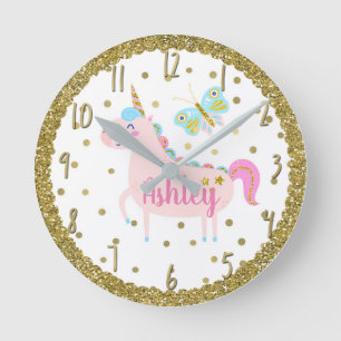 Pink & Gold Glitter Unicorn Girls Bedroom Nursery Runde Wanduhr