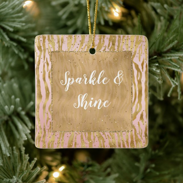 Pink Gold Glitz Sparkle Zebra Print Keramikornament (Baum)