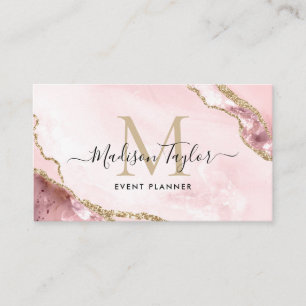 Pink Gold Glitzer Agate Monogram Event Plane Visitenkarte