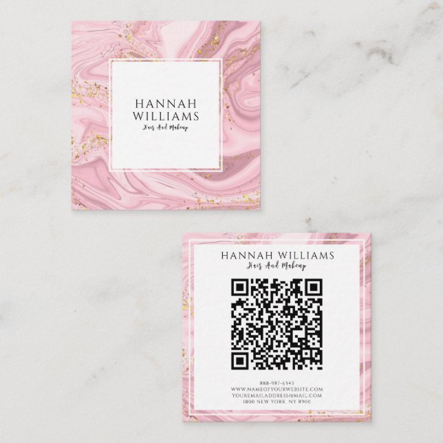 Pink & Gold Glitzer Agate Qr Code Modernes Einziga Quadratische Visitenkarte (Vorne/Hinten)