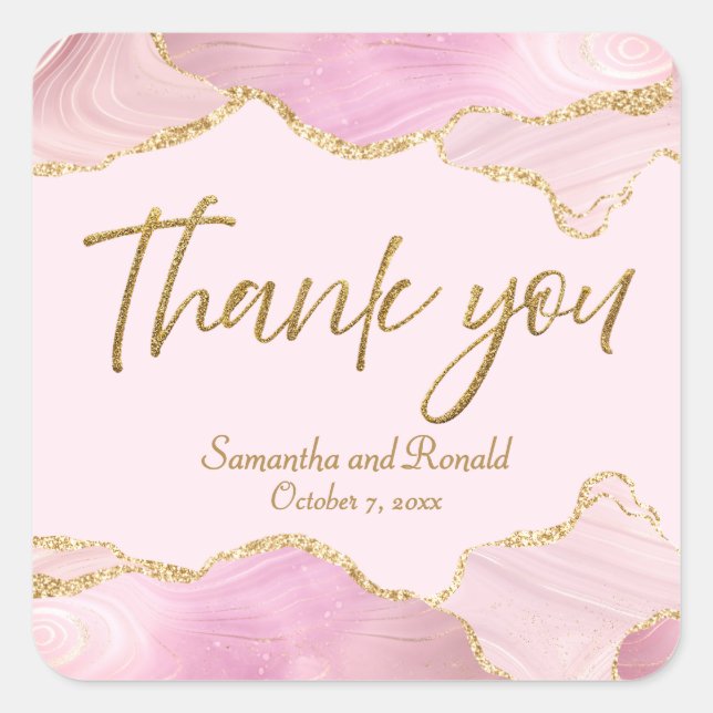 Pink & Gold Glitzer Agate Vielen Dank für Ihre Hoc Quadratischer Aufkleber (Vorderseite)