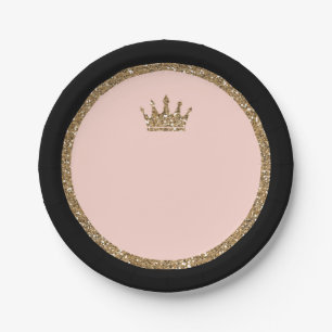 Pink Gold Glitzer & Black Sweet 16 Princess Crown Pappteller