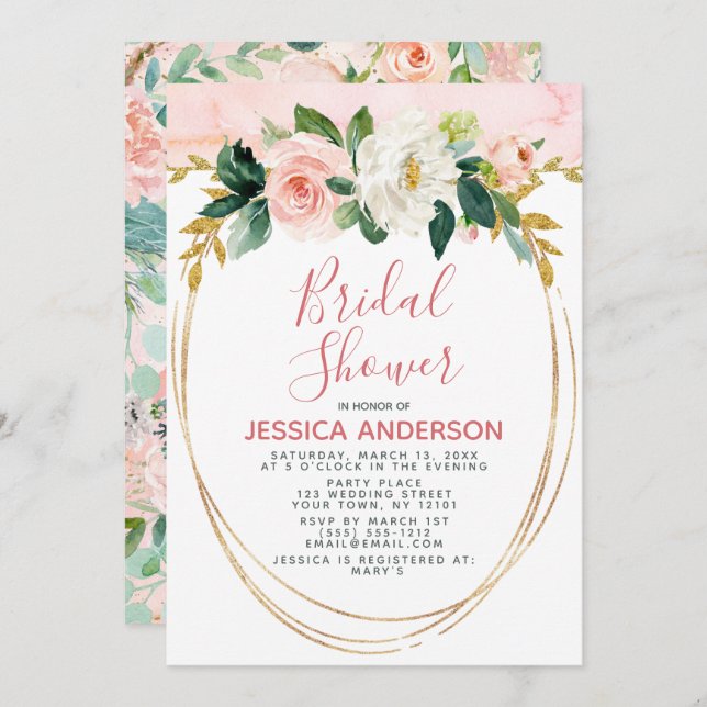 Pink Gold Glitzer Blumenkohl Brautparty Einladung (Vorne/Hinten)