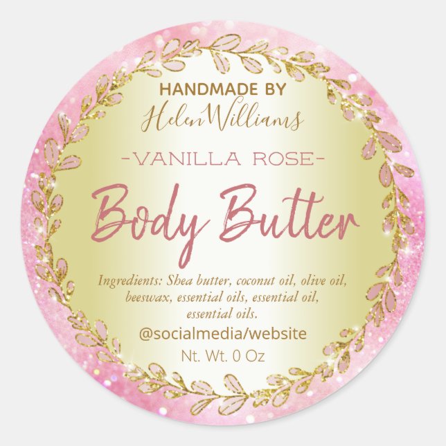 Pink Gold Glitzer Body Butter Labels Runder Aufkleber (Vorderseite)