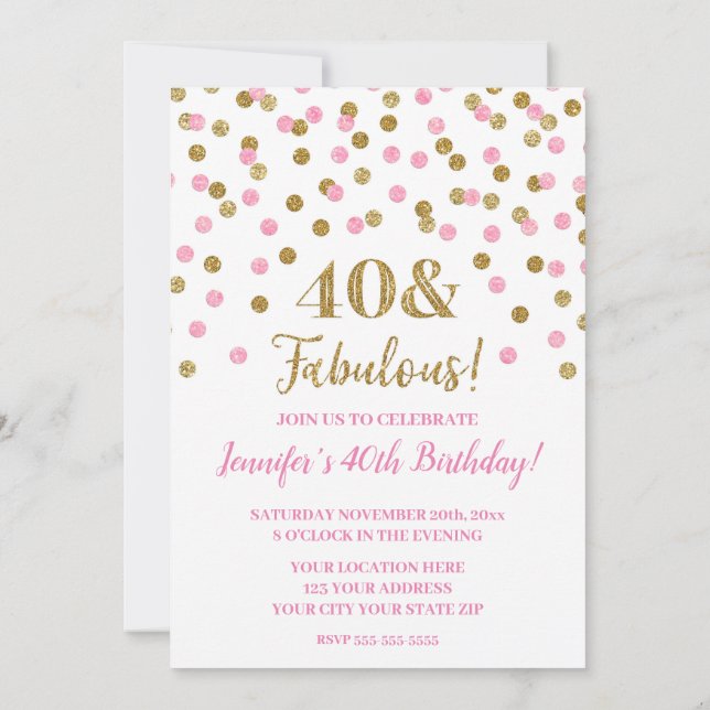 Pink Gold Glitzer Confetti 40 und fabelhaft Einladung (Rückseite)