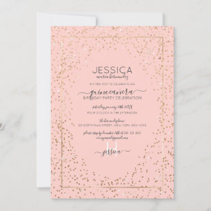 Pink Gold Glitzer Confetti Border Quinceañera Einladung