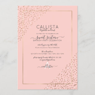 Pink Gold Glitzer Confetti Corners Sweet 16 Einladung