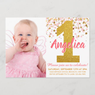 Pink Gold Glitzer Confetti Erstes Geburtstagsfest Einladung