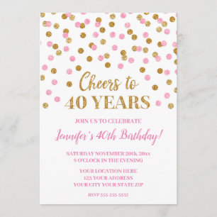 Pink Gold Glitzer Confetti freut sich auf 40 Jahre Einladung