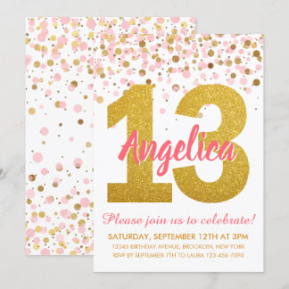 Pink Gold Glitzer Confetti Girl 13. Geburtstag Einladung