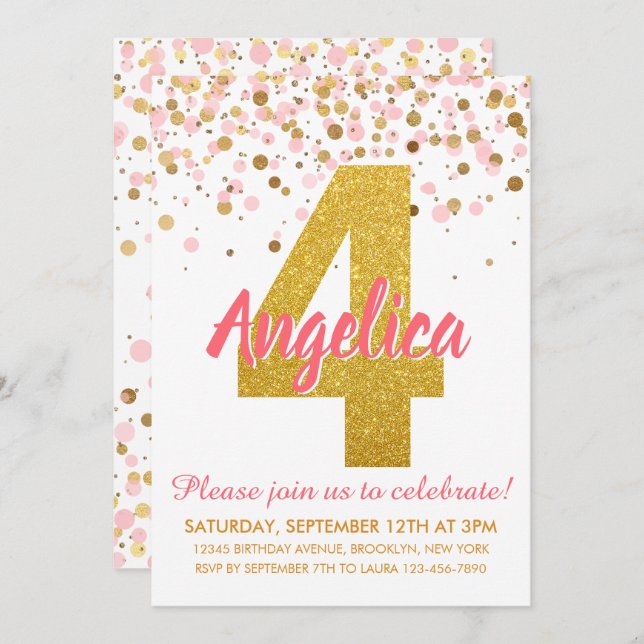 Pink Gold Glitzer Confetti Girl Einladung (Vorne/Hinten)