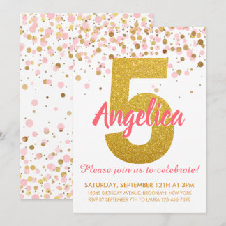 Pink Gold Glitzer Confetti Girl Fünfter Geburtstag Einladung