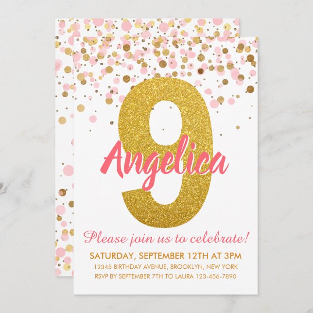 Pink Gold Glitzer Confetti Girl Ninth Birthday Einladung (Vorne/Hinten)