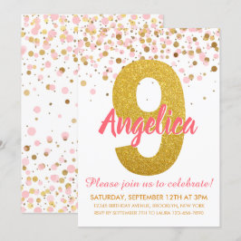 Pink Gold Glitzer Confetti Girl Ninth Birthday Einladung