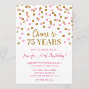 Pink Gold Glitzer Confetti jubelt auf 75 Jahre Einladung