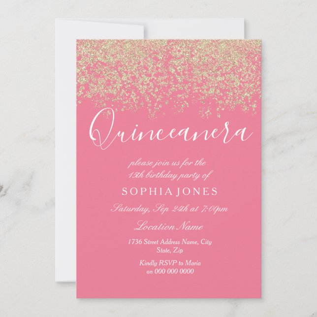 Pink Gold Glitzer Confetti Quinceanera Einladung (Vorderseite)