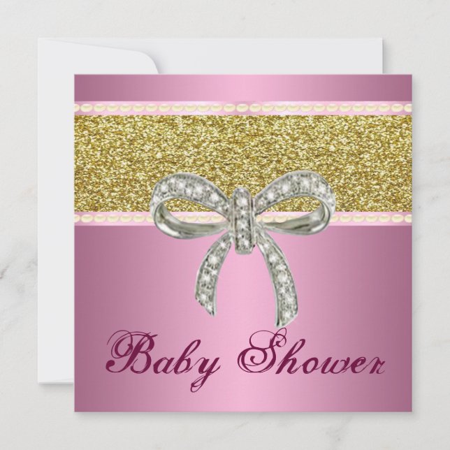 Pink Gold Glitzer Diamond Bow Babydusche laden ein Einladung (Vorderseite)