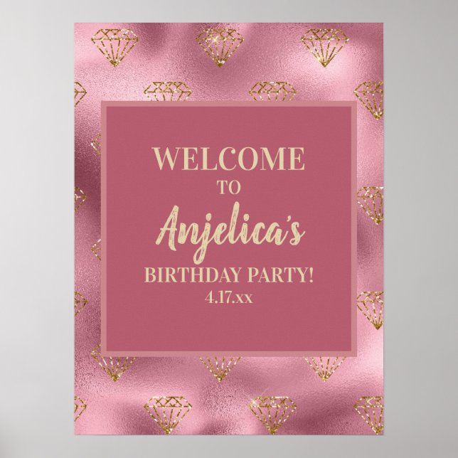 Pink Gold Glitzer Diamonds Girl's Birthday Party Poster (Vorne)