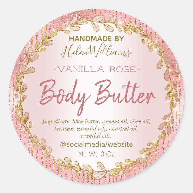 Pink Gold Glitzer Foil Lines Body Butter Labels Runder Aufkleber (Vorderseite)