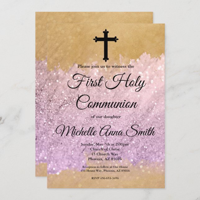 Pink Gold Glitzer Girl Erste Heilige Kommune Einladung (Vorne/Hinten)