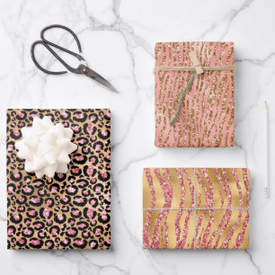 Pink Gold Glitzer Leopard Animal Print Geschenkpapier Set