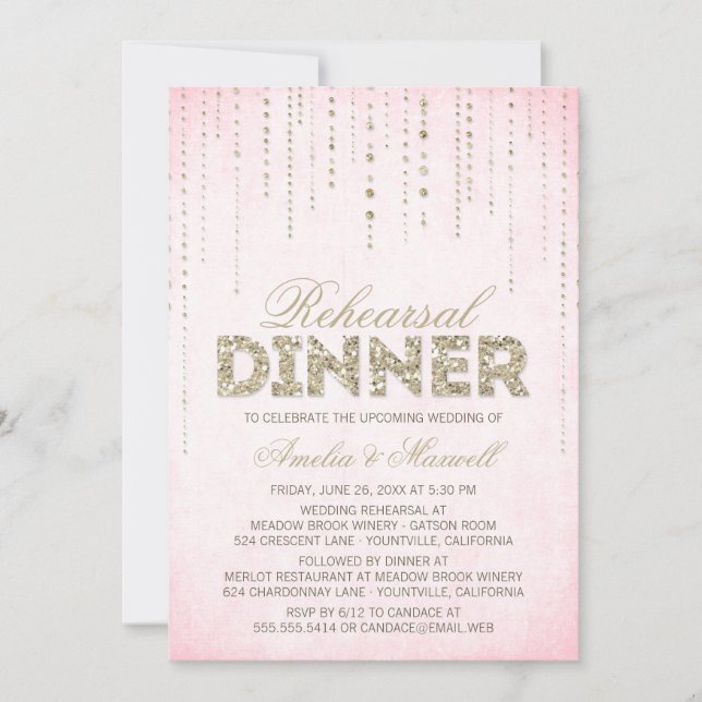 Pink & Gold Glitzer Look Probe Dinner einladen Einladung (Vorderseite)