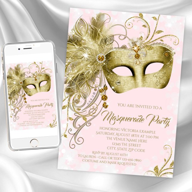 Pink Gold Glitzer Masquerade Party Einladung (Pink gold masquerade party invitation. Instant download and printed invitations available. )