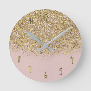 Pink & Gold Glitzer Moderne, trendige Glam Chic Runde Wanduhr