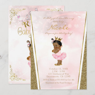 Pink Gold Glitzer Princess Vintag Black Baby Girl Einladung