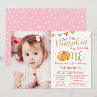 Pink Gold Glitzer Pumpkin Baby 1. Geburtstag Foto Einladung