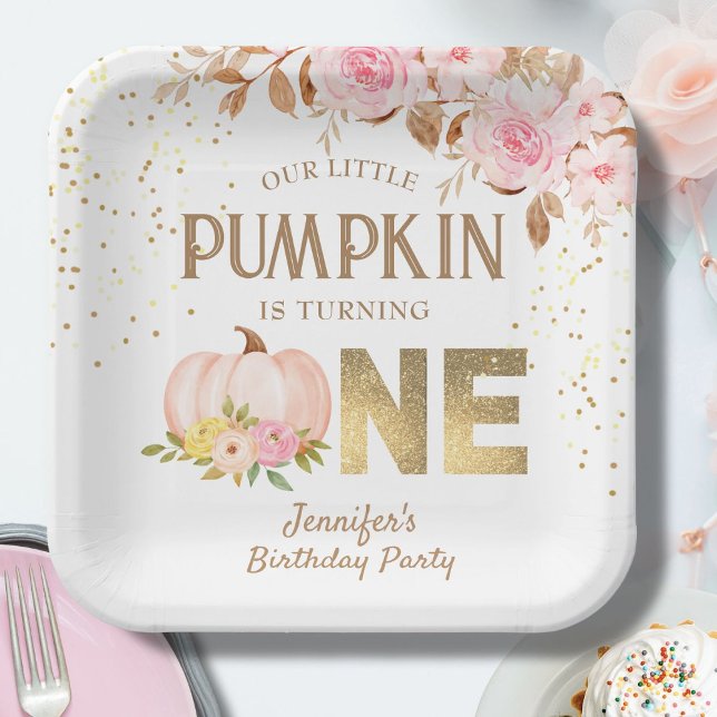 Pink Gold Glitzer Pumpkin Floral Girl 1. Geburtsta Pappteller (Von Creator hochgeladen)