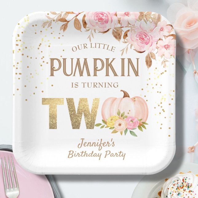 Pink Gold Glitzer Pumpkin Floral Girl 2. Geburtsta Pappteller (Von Creator hochgeladen)