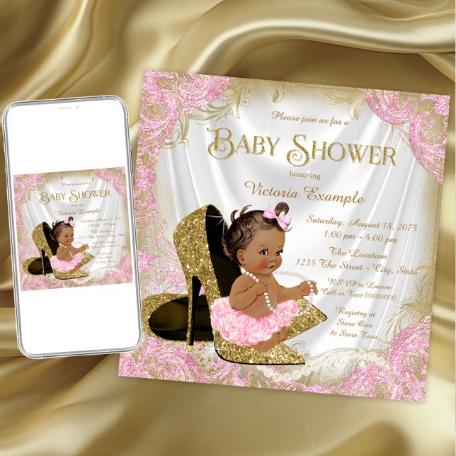 Pink Gold Glitzer Shoe Pearl Ethnic Baby Dusche Einladung (Pink gold high heel shoe baby shower invitation. Download and printed invitations available.)