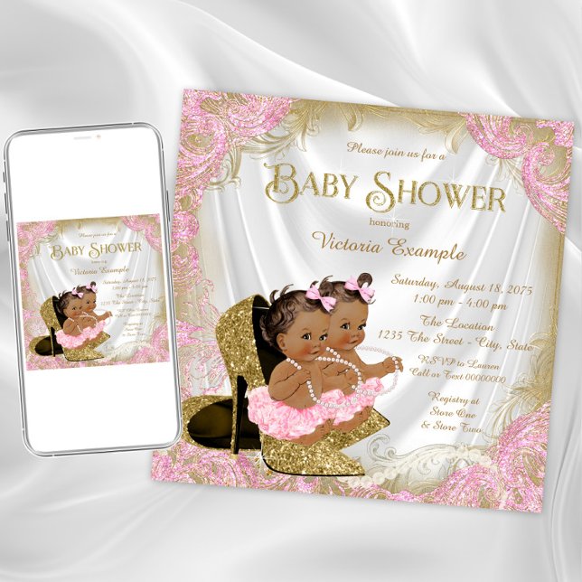 Pink Gold Glitzer Shoe Twin Girl Babydusche Einladung (Pink gold twin girl baby shower invitation. Instant download and printed invitations available.)