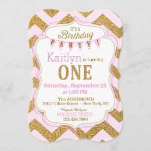 Pink Gold Glitzer Sparkle Erstgeburtstag Einladung