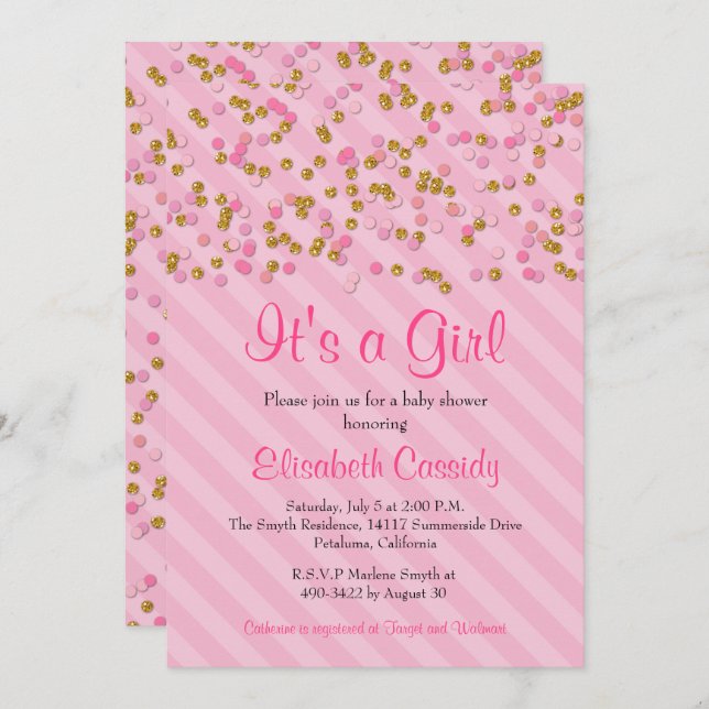 Pink & Gold Glitzer Sprinkle Kinderdusche laden ei Einladung (Vorne/Hinten)