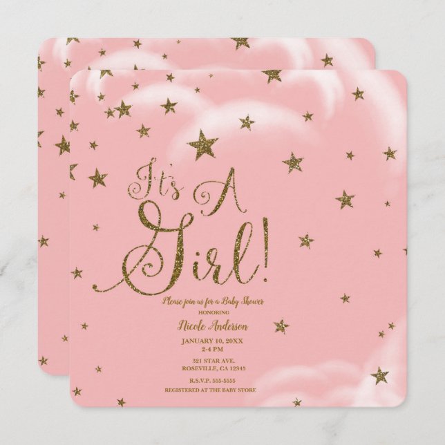 Pink & Gold Glitzer Stars Es ist eine Girl Baby Du Einladung (Vorne/Hinten)