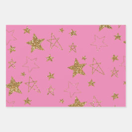 Pink Gold Glitzer Stars Geschenkpapier Set