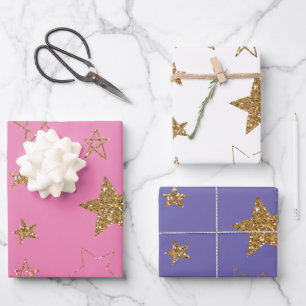 Pink Gold Glitzer Stars Geschenkpapier Set