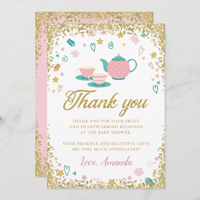 Pink Gold Glitzer Tee Party Danke Karte (Vorne/Hinten)