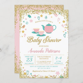 Pink Gold Glitzer Tee Party Kinderdusche Einladung