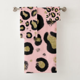 Pink Gold Glitzer und Black Leopard Cheetah Print Badhandtuch Set
