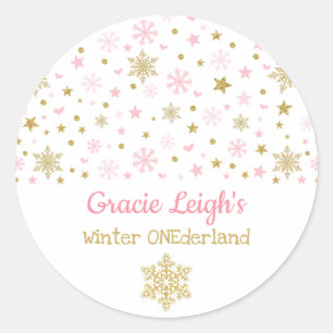 Pink Gold Glitzer Winter Snowflake ONEderland Baby Runder Aufkleber