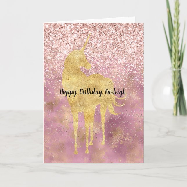 Pink Gold Glitzy Glitzer Unicorn Karte (Vorderseite)